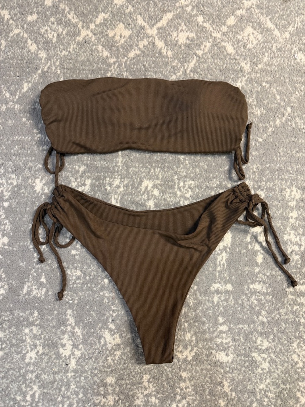 Brown Ribbed Bandeau Tie-Side Bikini Set